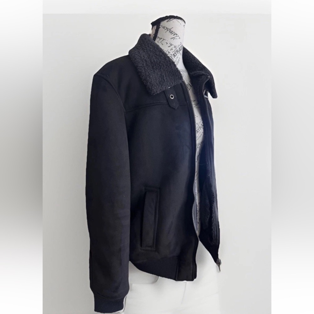 Bershka Black Faux Suede Sherpa Shearling Lined Bomber Jacket Womens Small